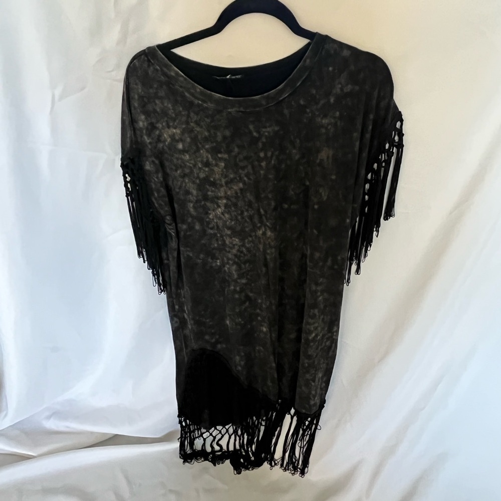 NWOT POL Anthropologie Fringe T-shirt Dress Grey Acid Wash Finish, S